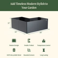 32" Extra Tall Modern 83" x 83" L Shape Metal Raised Garden Bed - Urban Charcoal