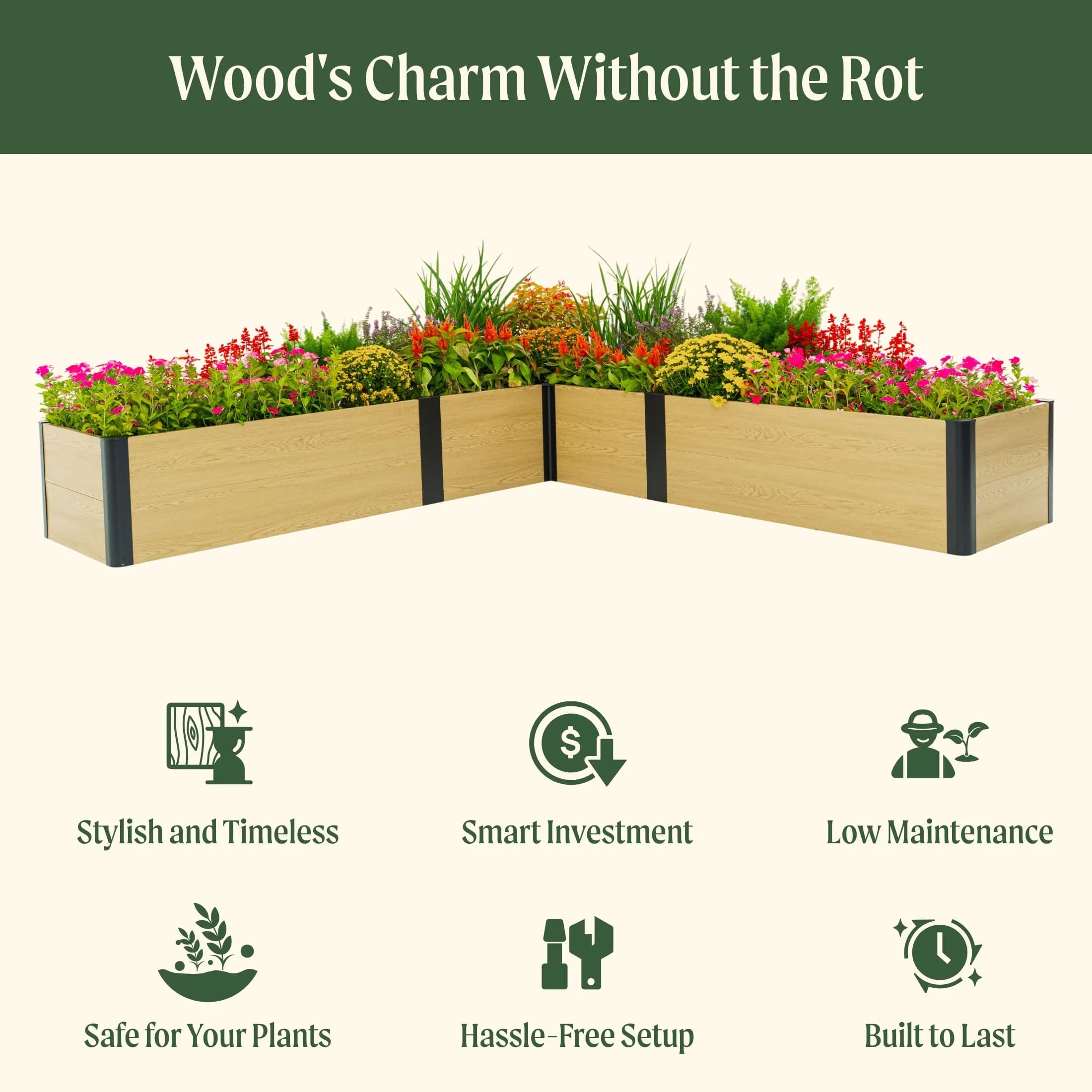 16" Tall Woodgrain 8' x 8' L-Shaped Metal Raised Garden Bed