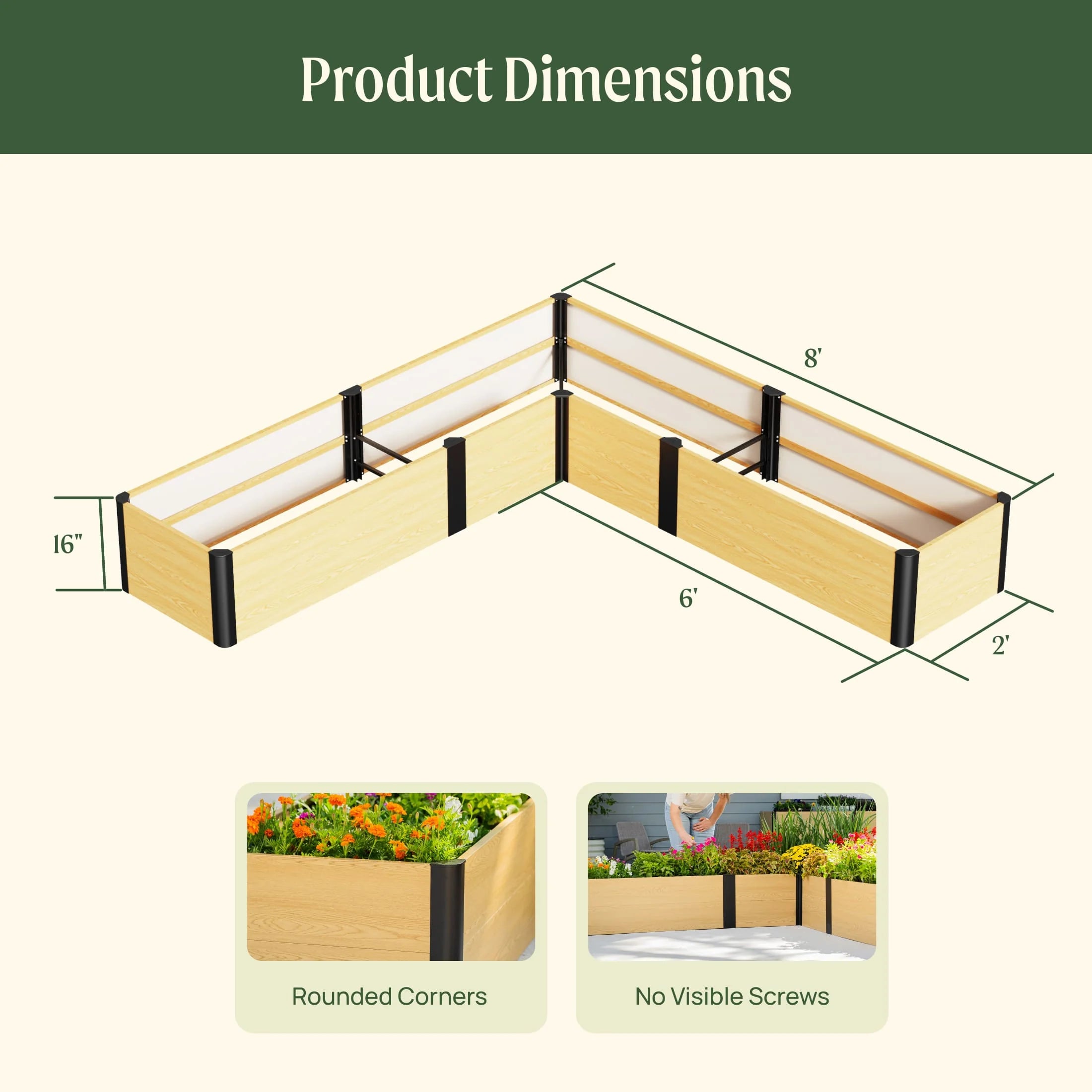 16" Tall Woodgrain 8' x 8' L-Shaped Metal Raised Garden Bed